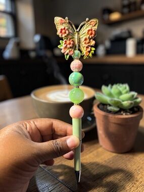 Handcrafted Butterfly Floral Beaded Pen in Pastel Green and Pink